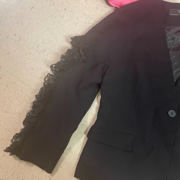 ZARA BASIC Blazer Womens Sz Large Black Ruffle Sleeve Fully Lined NO BELT - Picture 7 of 13